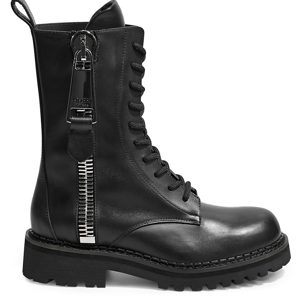 Moschino by Jeremy Scott Zip Detail Lace-up Black Leather Combat Boots
